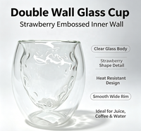 Tasse en verre borosilicate à double paroi faite à la main, motif fraise en relief, résistante à la chaleur, pour café, thé, lait, usage domestique Wuso