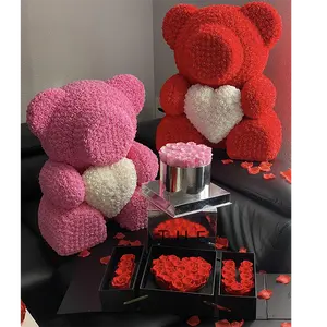 Beruang Mawar 40Cm, Kotak Kustom Beruang Teddy Mawar Sepenuhnya Dirakit 10 Inci Bunga Mawar PE Buatan Tangan Teddy Bear