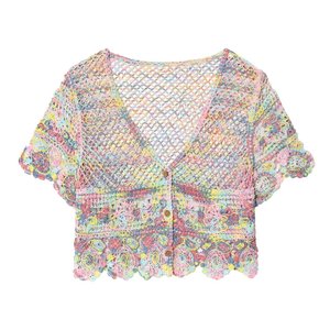 PB&ZA Al por mayor, cárdigan de punto calado hecho a ganchillo, nuevo estilo de verano, <span class=keywords><strong>camiseta</strong></span> top para mujer con rayas verticales, moda holgada que estiliza la figura. - Product Image 1