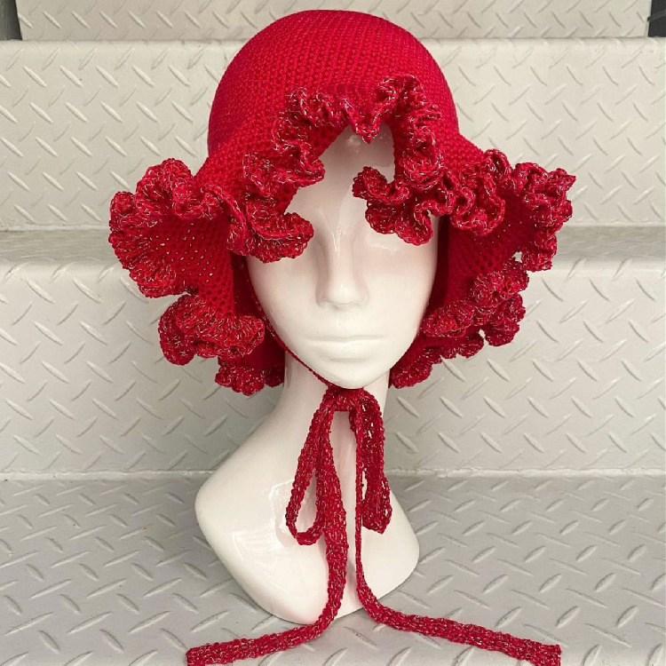 Red Women Winter Crochet Knit Folding Bucket Hats Ruffle  display picture 3