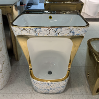 Lavabo sur pied de luxe en céramique plaqué or, écologique, résistant à l'eau, motif marbre bleu, style royal, pour salle de bain, hôtel, moderne