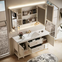 Meuble de salle de bain personnalisé XINGRUO avec miroir LED intelligent, meuble de rangement moderne de luxe à lavabo unique pour hôtels et salles de bain résidentielles