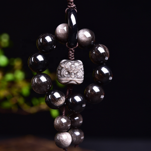 Porte-clés en obsidienne naturelle argentée dorée en gros, design chinois Feng Shui, pierre de cristal de guérison, décoration suspendue pour voiture - Product Image 3