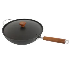 Conjunto de wok comercial chinês antiaderente feito à mão, de alta qualidade, 32cm, 34cm, aço carbono, ferro, frigideira, frigideira