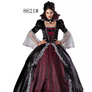 Costume de vampire pour femme, robe gothique noire et rouge avec manches en dentelle et jupon pour fête cosplay d'Halloween 8621 - Product Image 1