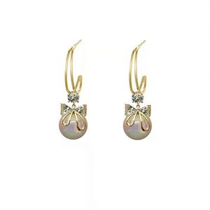 New Sweet Imitation Pearl Drop Silver <b>Post</b> C-shaped Diamond Rhinestone <b>Earring</b> Lady Korean Design Fashionable Bow <b>Earrings</b> - Product Image 5
