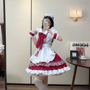 Maid Costume Women White <b>Red</b> Checkered Lolita Dress With <b>Bow</b> Apron Plus Size Adult Cosplay Outfit - Product Image 3