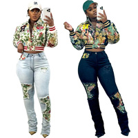 Blouson universitaire pour femme à imprimé floral, sexy, avec broderie de lettres, style bomber, uniforme de baseball patchwork avec doublure, grande taille