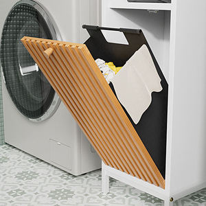 Modern MDF bathroom storage <b>cabinet</b> with narrow floor and <b>laundry</b> basket for small spaces. Storage in small apartments. - Product Image 1