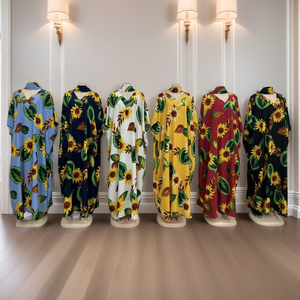 <span class=keywords><strong>Robe</strong></span> de mode pour femmes africaines et du Moyen-Orient, imprimée à fleurs, à manches courtes, avec dentelle florale à la taille, vente en gros de haute qualité - Product Image 2