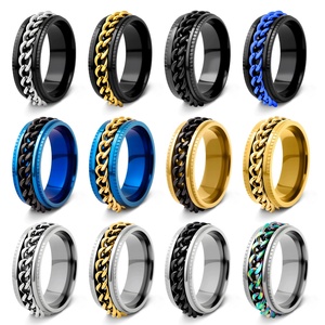 Anillo Giratorio de Acero Inoxidable 316L de 8MM, Anillo Unisex Antiestrés Negro/Azul/Plateado, Anillo Giratorio con Eslabones Cubanos Entrelazados/Cadena Doble - Product Image 1