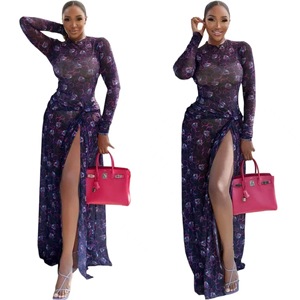 Abito lungo in rete stampato all-over 2026 da donna con spacco alto, design arricciato, sexy e aderente per tutti i giorni - Product Image 5