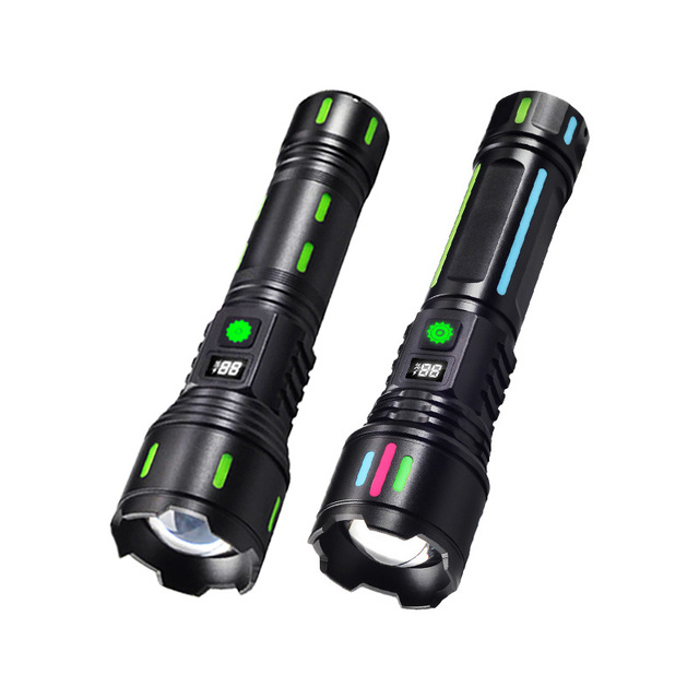 Super Bright Zoom Adjustable Focus Rechargeable Fluorescent Decoration LED Flashlight with Power Bank for Camping Hiking