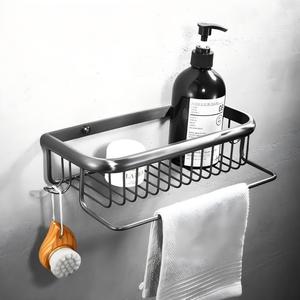 Brushed Gun <strong>Grey</strong> All-copper <strong>Corner</strong> Dual Tier Square Net Basket Bathroom Wall-mounted Shower Room Storage <strong>Shelf</strong> - Product Image 1