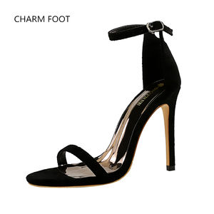 صنادل نسائية من جلد الغزال بتصميم أوروبي وأمريكي, صنادل نسائية صيفية بسيطة بكعب رفيع وكعب عالي للغاية من جلد الغزال بخط واحد ومفتوحة من الأمام - Product Image 2