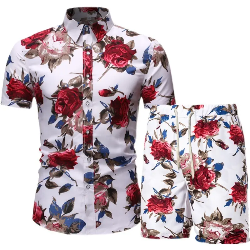 Yeni erkekler hawai setleri baskı 2022 yaz kısa kollu düğme gömlek plaj şortu rahat erkek 2 parça Set havai gömleği