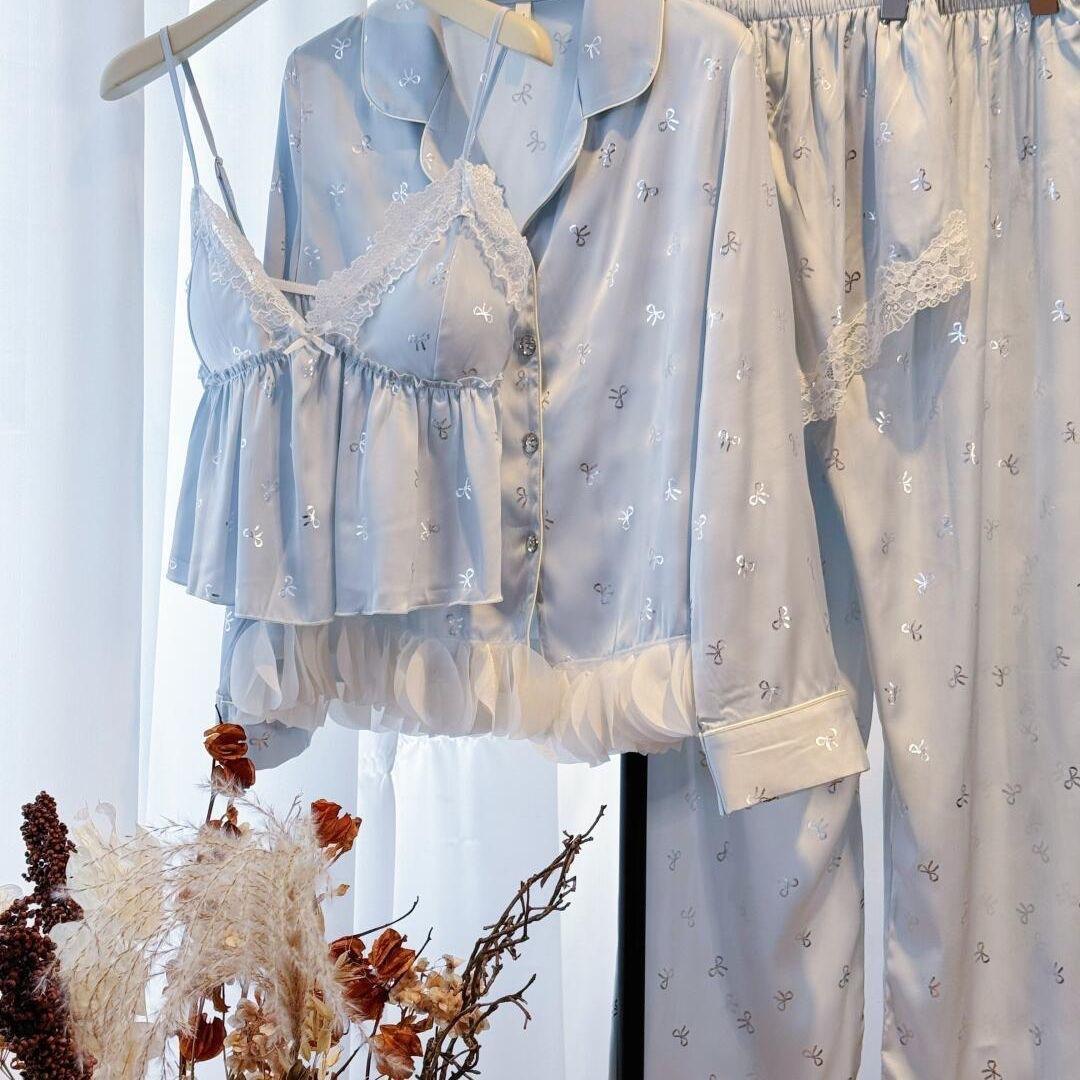 Blue and gray silver-stamped short sleeve long pants 2-piece set