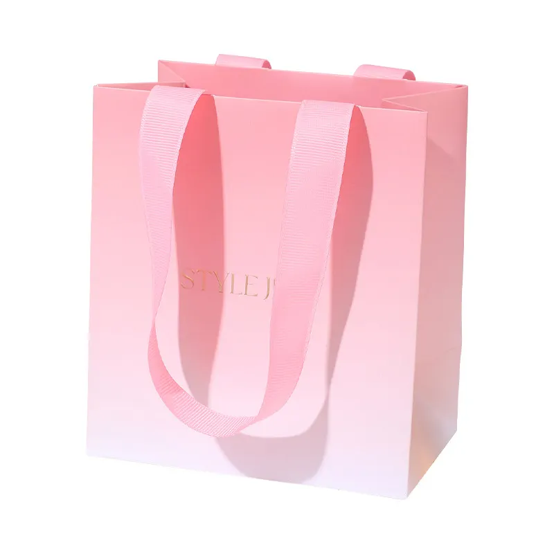 Grosir disesuaikan kertas merah muda Terima kasih tas hadiah dengan cetakan Logo kantung kertas Kraft putih kemasan tas perhiasan kertas