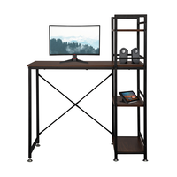Table d'ordinateur en noyer foncé avec étagères de rangement et surface en bois