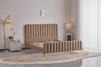 Lit double de luxe au design moderne, cadre de lit en velours avec tête de lit haute et pieds en métal doré