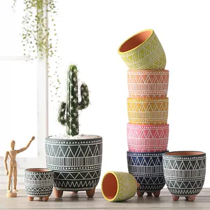 New Design Nordic style geometric pattern ceramic terracotta clay simple succulent pot flower pot with feet