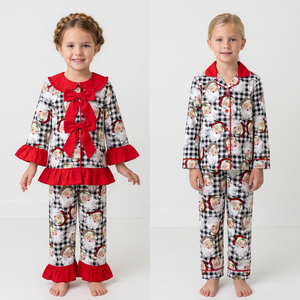 Longlv Sibling Girls - Conjunto de pijama de 2 piezas con estampado de dibujos animados de Papá Noel, ecológico, de elastano/poliéster, sin mangas, con ribete rojo - Product Image 1