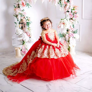 Rosso Puffy Tulle principessa oro Appliques delaminazione abiti da ragazza fiore fiocco lungo spettacolo festa di nozze Mini palla Quinceanera - Product Image 1