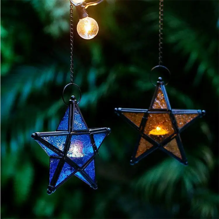 Style européen rétro fer art couleur bougeoir en verre gaufré marocain suspendu étoile à cinq branches coupe-vent lampe à vent