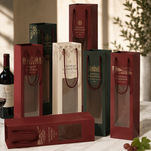 Sacs en papier personnalisés avec logo imprimé, multicolores, en carton, pour bouteilles de vin, avec poignée et fenêtre transparente, pour événements festifs, mariages - Product Image 1