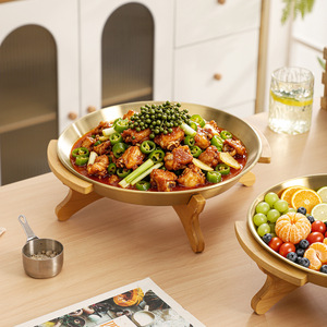 Plateau en acier inoxydable avec support en bambou, plateau de service rond multifonctionnel pour fruits de mer, fruits, utilisation en cuisine - Product Image 2