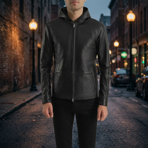 Veste à capuche en cuir véritable pour homme - Coupe ajustée avec fermetures éclair - Product Image 3