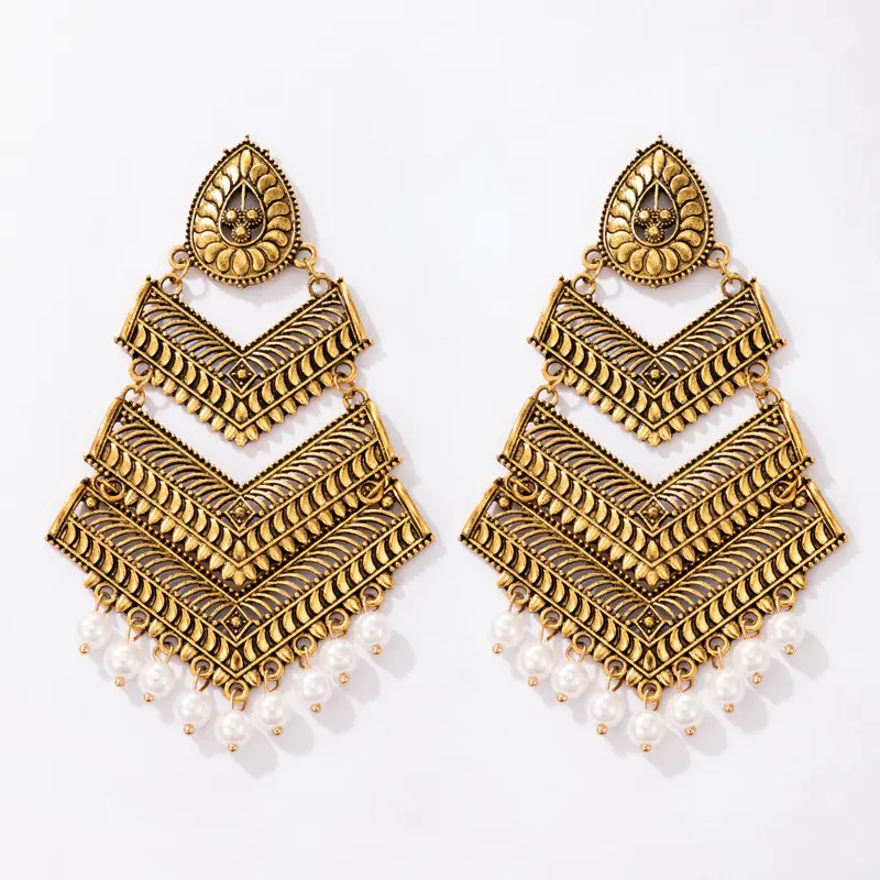 Kaimei Ohrring Modeschmuck Retro geometrische hohle Ohrringe Perle Anhänger ethnischen antiken Gold indischen Ohrringe Jhumka