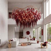 Lustre moderne de luxe suspendu au plafond, grande branche en laiton, verre, cristal, plumes, gouttes d'eau, pour la décoration de la maison, hôtel, villa