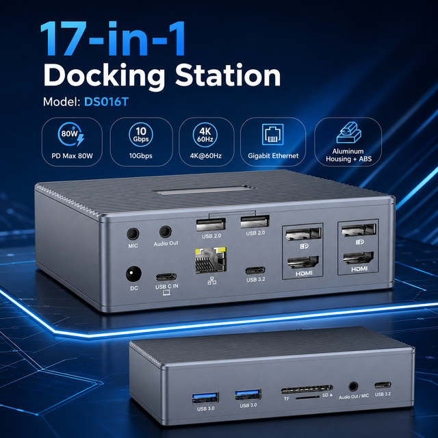 17in1 DisplayLink USB-C Docking Station 2HDMI+2DP 4K60Hz Multi 10Gbps USB Separate Mic/Audio DC Powered Aluminum Laptop Stock