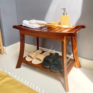 Tabouret de salle de bain en teck OEM 56x33.2x47.2cm, siège de douche à deux niveaux avec rangement pour chaussures, pour usage domestique - Product Image 1