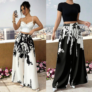 Collection d'été : Pantalon droit taille mi-haute respirant pour femme, imprimé à l'encre, coupe ajustée, jambes larges, conçu pour adultes - Product Image 3