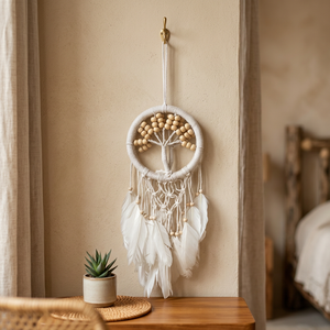 Atrapasueños Redondo Hecho a Mano con Árbol de la Vida, Plumas Blancas Tejidas, Decoración Bohemia para Colgar en la Pared, Tema de Naturaleza Navideña, Pieza Única - Product Image 2