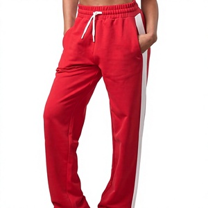 Pantalon de jogging décontracté pour femme, rouge, coupe droite, avec bande latérale blanche, taille élastique et cordon de serrage, longueur intégrale, pour l'automne - Product Image 1