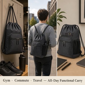 Mochila con cordón de ajuste resistente personalizada con bolsillo con cremallera, bolsa deportiva OEM para gimnasio, bolsillo lateral de malla, venta al por mayor directa de fábrica, MOQ - Product Image 4