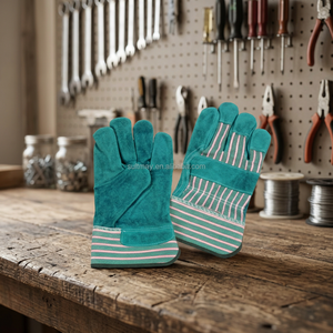 Guantes de Trabajo de Cuero Vacuno, Antideslizantes, Anticorte, con Puño Reforzado de Goma, Color Verde - Product Image 2