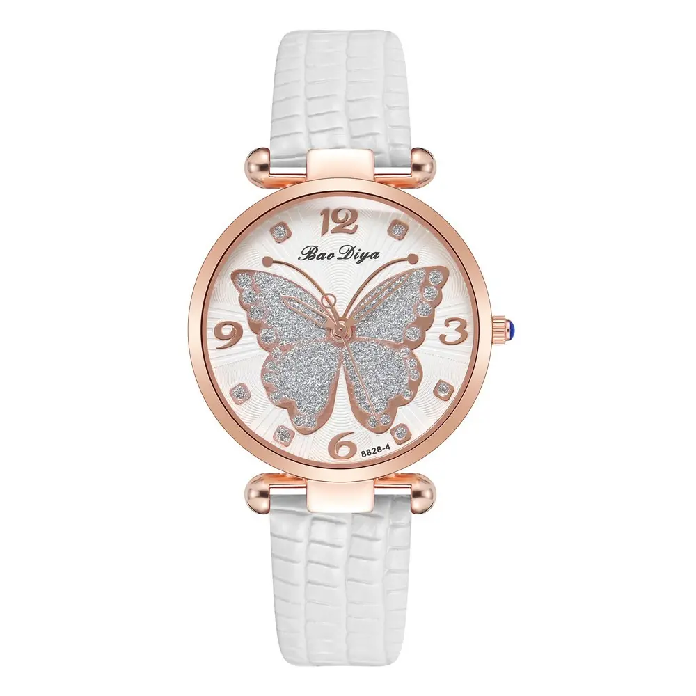 Reloj con correa para mujer de cuarzo con patrón de mariposa rosa brillante elegante con cinturón minimalista y de moda para mujer