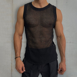 Chaleco sin mangas de punto calado para hombre, cuello redondo, ajuste ceñido, estilo camiseta sin mangas, color liso, malla, blanco roto, gris, negro, tallas M L - Product Image 2