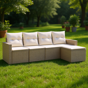 Ensemble de canapés de jardin en rotin beige 4 places, mobilier d'extérieur résistant aux intempéries, design contemporain - Product Image 2