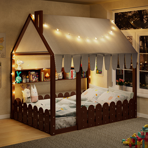 Cama Montessori de tamaño completo <span class=keywords><strong>para</strong></span> niños, cama de piso con barandillas, tienda de campaña, luces y 3 estantes de almacenamiento, color espresso - Product Image 1