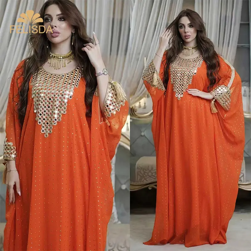 2 Piece Set Muslim Robe Women Clothes Chiffon Dubai Loose Maxi Dresses Sequins Vintage Party Caftan Marocain African Dresses