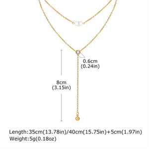Collier Lariat Géométrique Tendance en Acier Inoxydable, Double Couche, Trois Breloques, Pendentif Perle Solide - Product Image 5