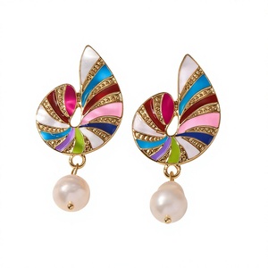 Boucles d'oreilles colorées en émail en forme de goutte d'eau avec perles d'imitation, en alliage plaqué or, style bohème pour femme, bijoux de fête - Product Image 2