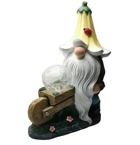 Carretilla de resina con luz LED para exteriores, Gnome con Orb mágico, decoración para jardín