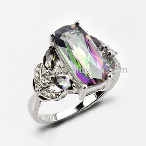 Wholesale Rhodium Plated 925 Silver Rings Wtih Magic Green Mystic Quartz