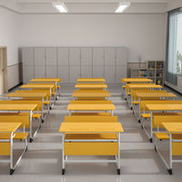 Meubles de classe : Ensemble bureau et chaise d'écolier en bois grainé, banc combiné avec étagère de rangement, fente pour stylo, cadre métallique